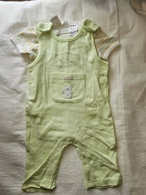 Cherokee Pastel Green Infant Overalls with Striped T-shirt. 2 Piece Set